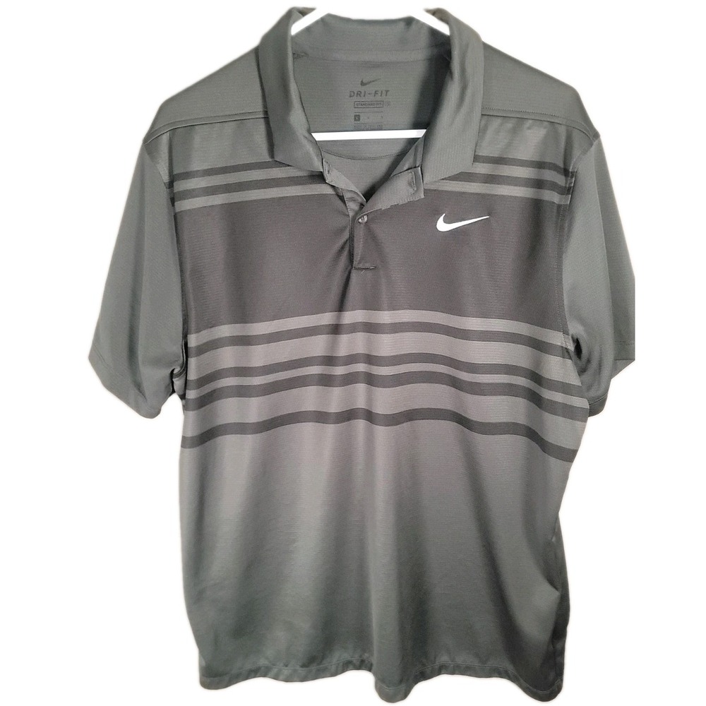 Nike Dri-FIT Golf Shirt Mens Large Gray Striped Performance Short Sleeve Polo